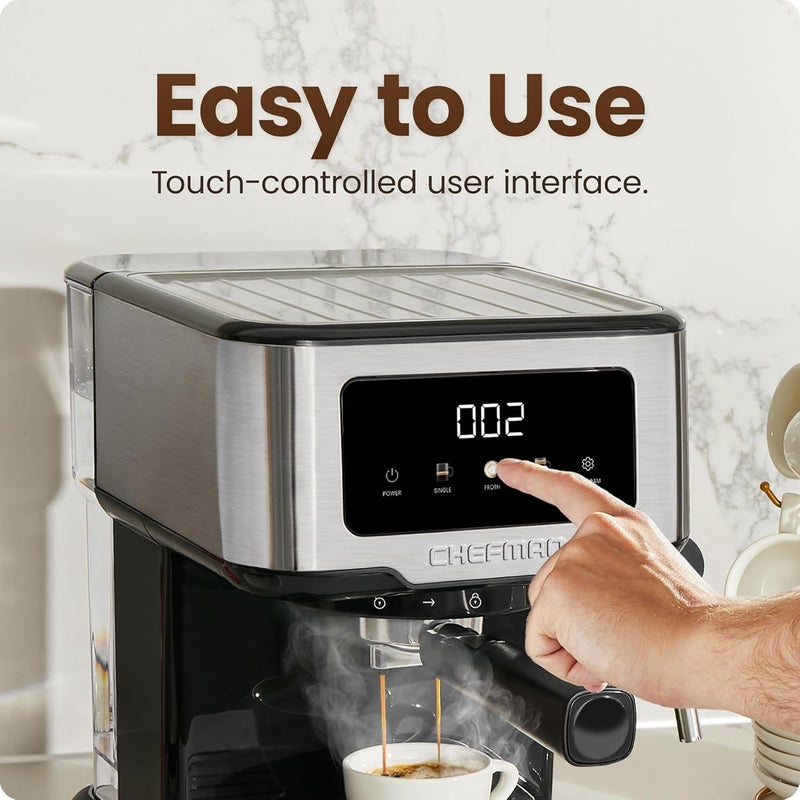 Chefman CraftBrew Espresso Machine, 15-Bar Pump Digital Espresso Maker w/Steam Wand for Latte & Cappuccino, Compact Espresso Coffee Machine w/ 1.5L Removable Water Reservoir - Stainless Steel - Image 4